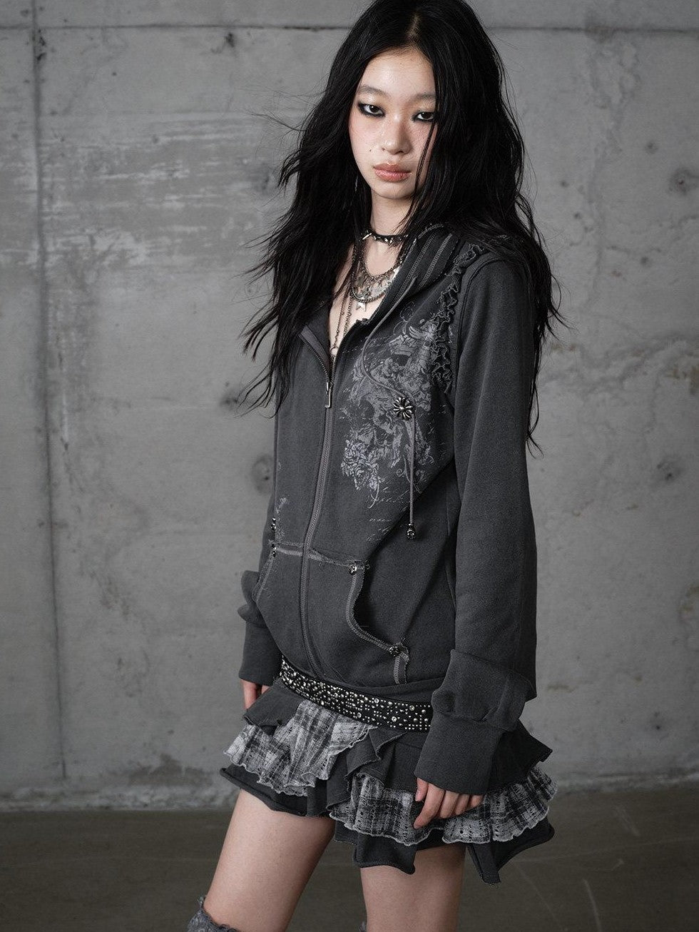 NO ROMANCE Deep Gray Y2K Printed Lace Detachable Hood Sweatshirt Women'S Mini Dresses