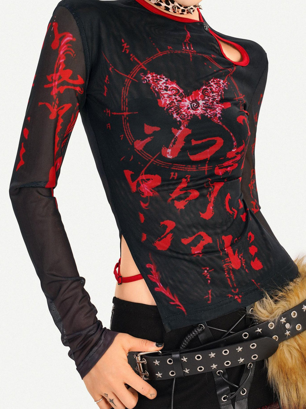 Nico Molly Dark Gothic Mesh Butterfly Print Asymmetric Slim Fit Women Long Sleeve T-Shirts