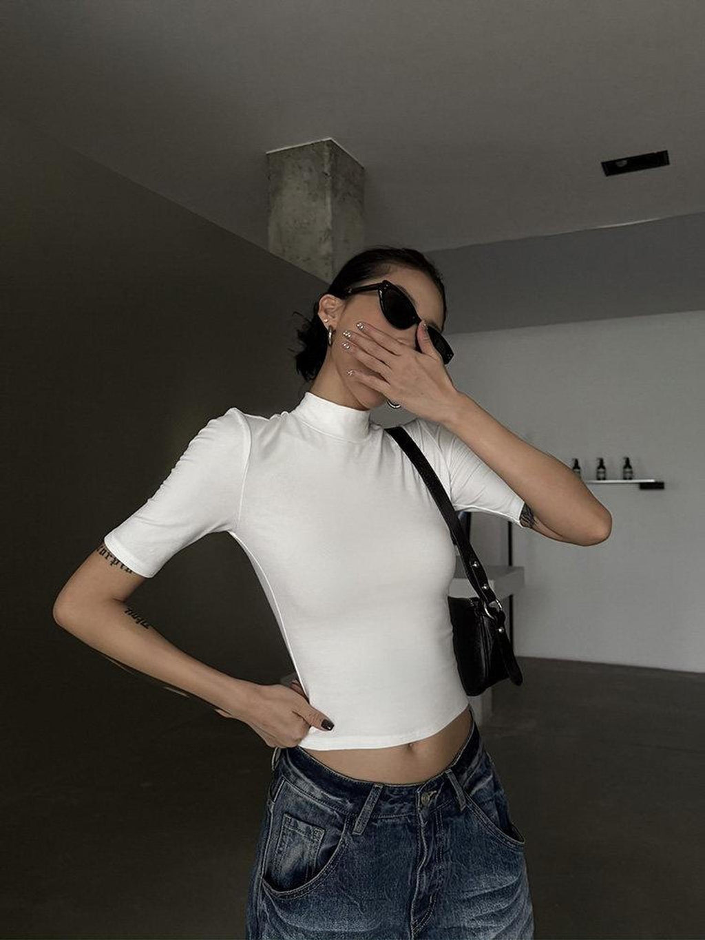 ZERO Sexy Slim Solid Stand Collar Lyocell Knit Half Sleeve Everyday Basic Crop Tops