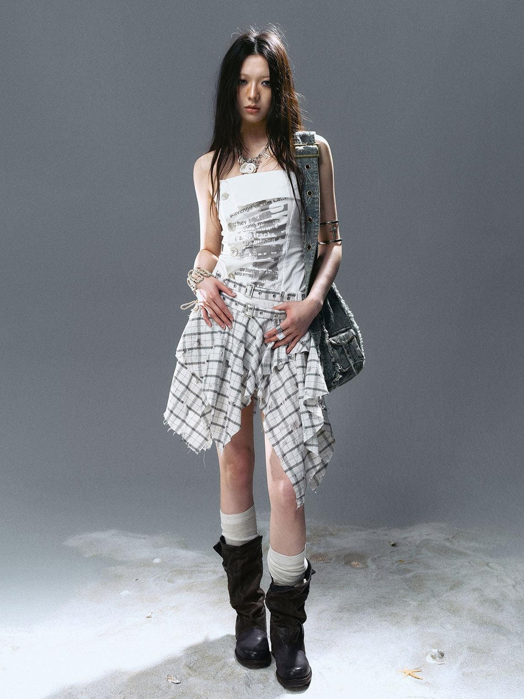 Cest Nous Strapless Asymmetric Print Cinched Waist A Line Cotton Street Style Minidresses