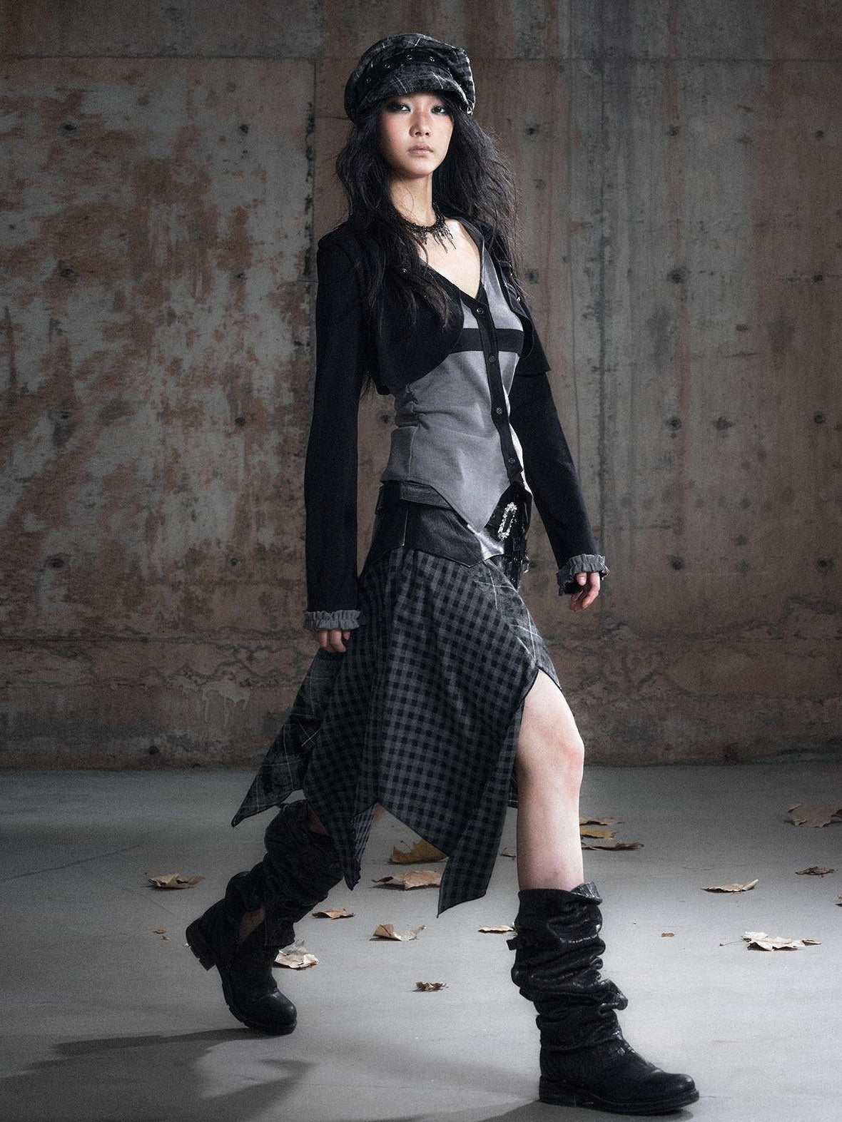Cest Nous Pu Patchwork Punk Asymmetric Low Waist Youth Daily Wear Cotton Blend Midiskirts
