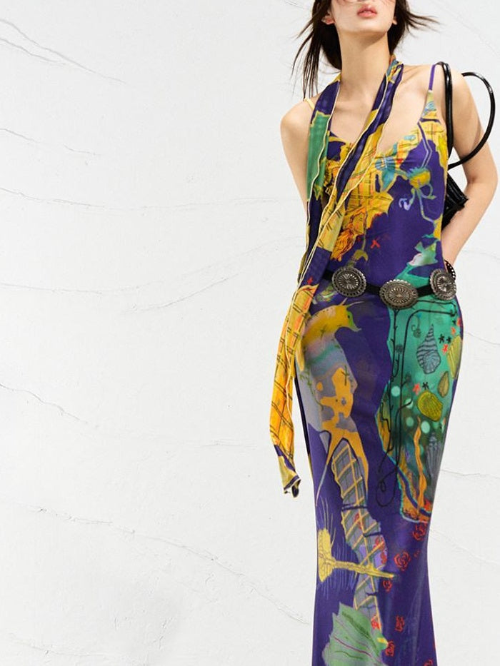 OfAkiva Sexy High Waist Square Neck Strappy Printed Stretch Polyester Maxi Dresses