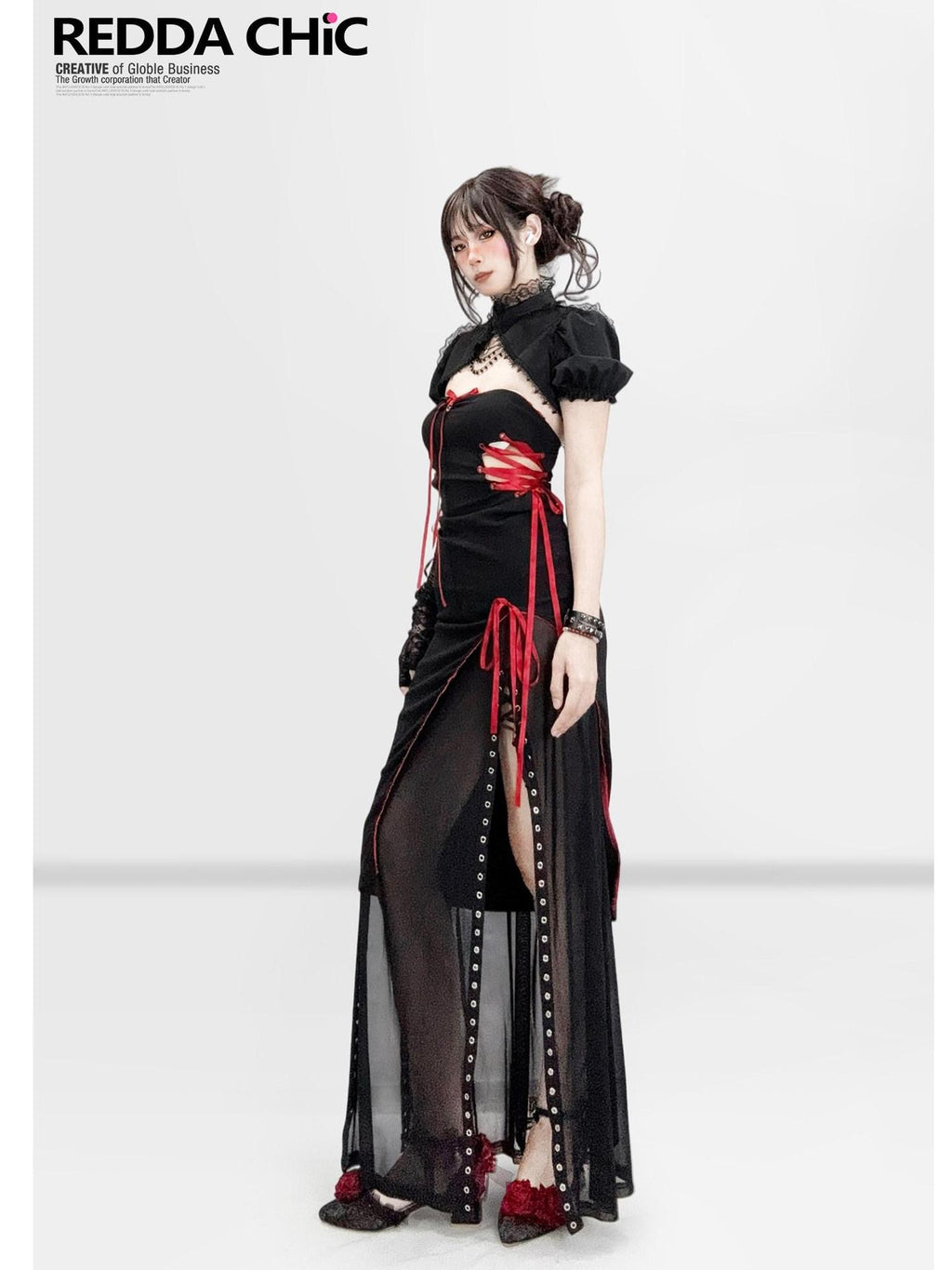 REDDACHIC New Chinese Gothic Colorblock Strapless Bodycon Pencil Women'S Top & Skirt Sets