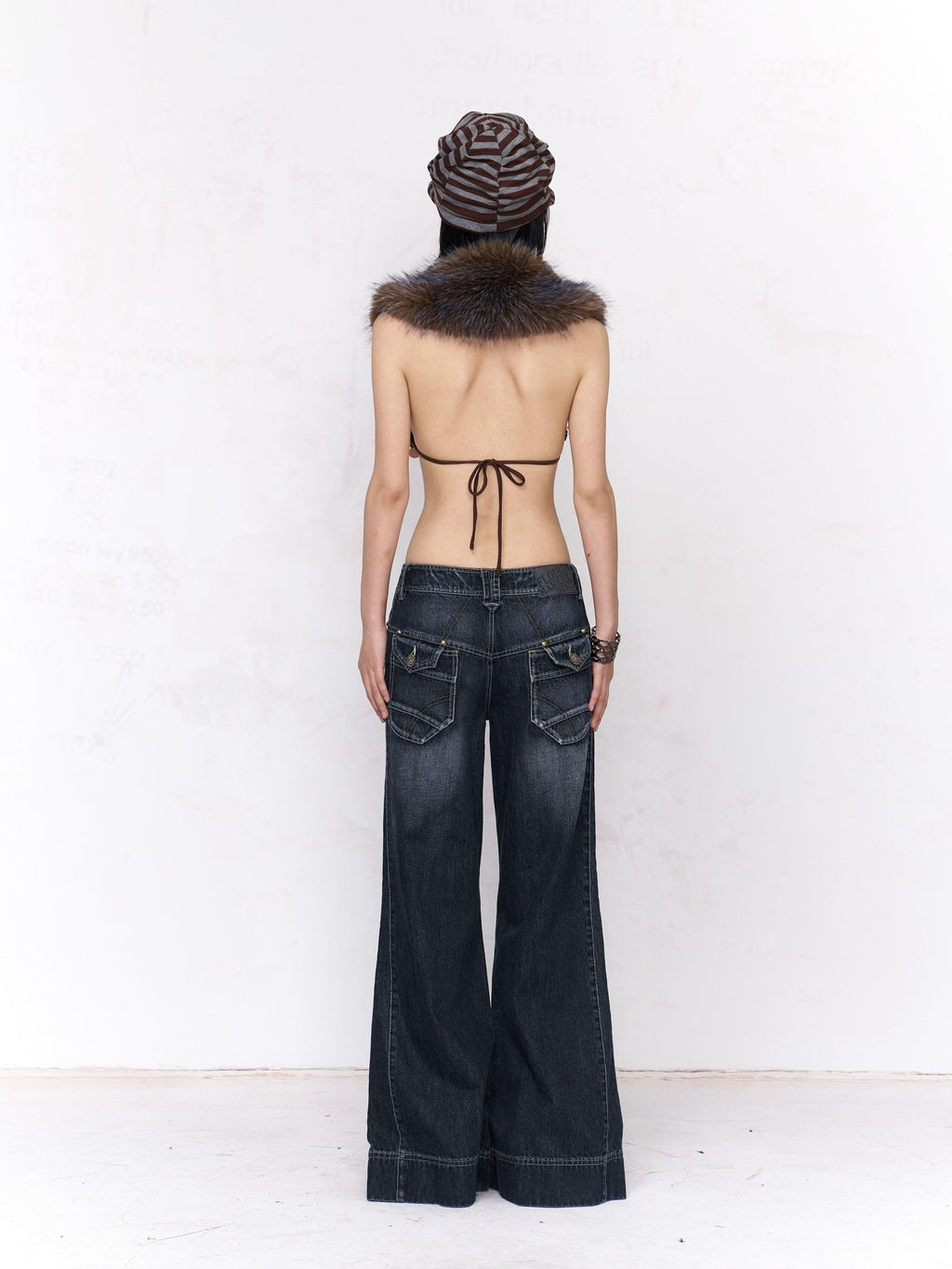 Flowers birds Market Washed Blue Distressed Natural Waist Pockets Button Fly Women Wide-Leg Jeans