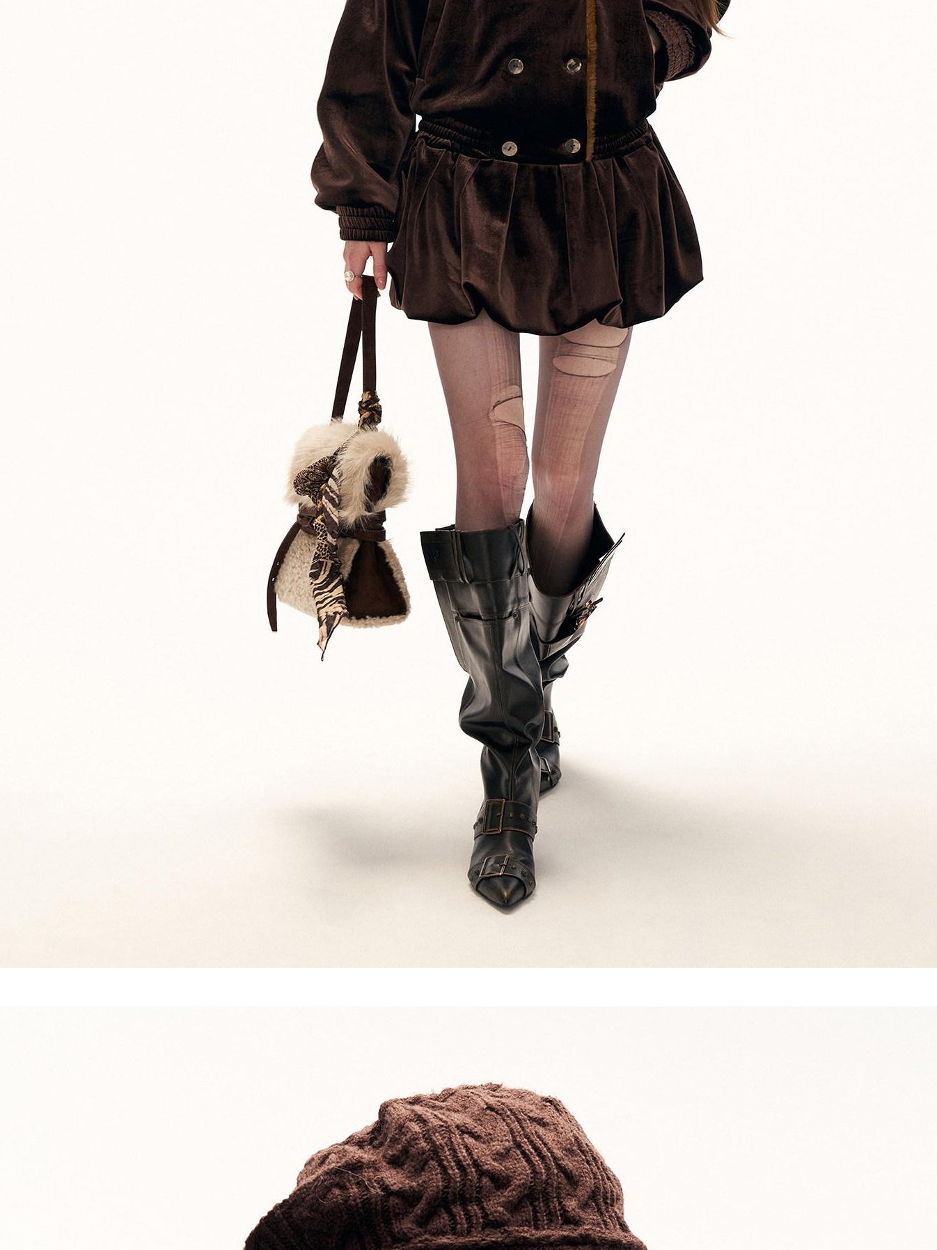 MAMC Cinched Waist Vintage Double Breasted Button Long Sleeve Brown Mini Dresses