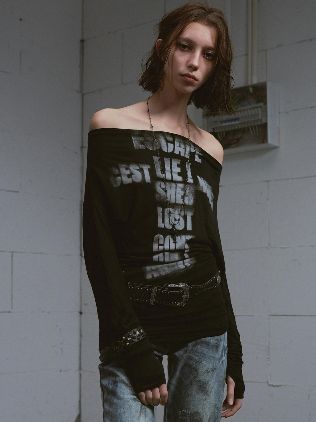Cest Nous Lyocell Printed Street Punk Loose Batwing Women Crop Offshouldercroptops