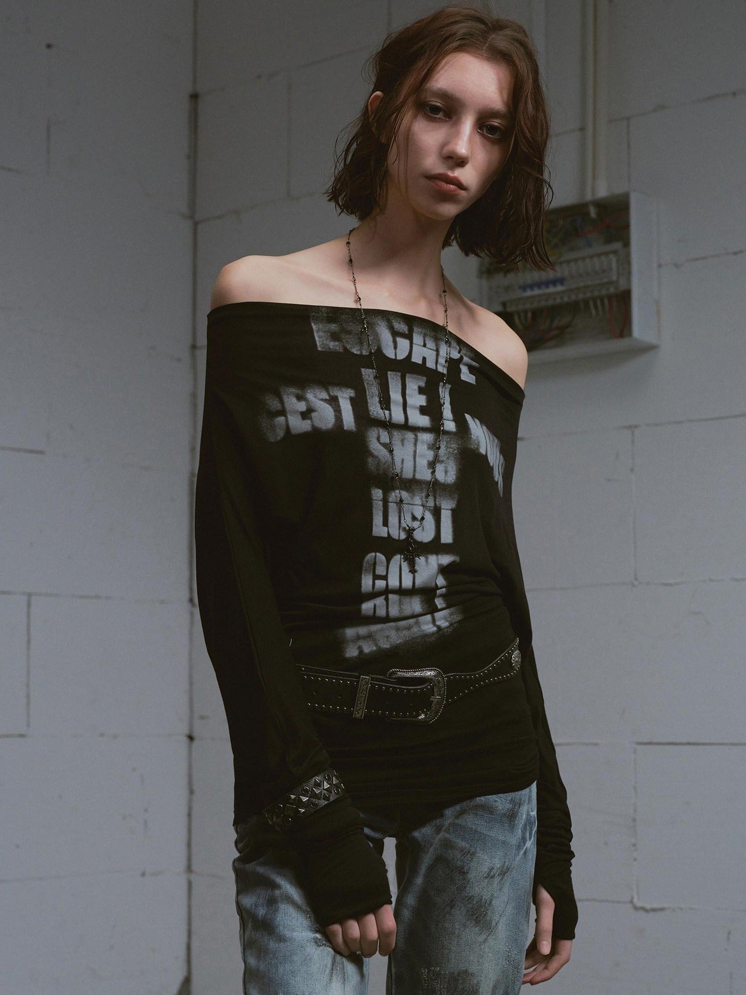 Cest Nous Lyocell Printed Street Punk Loose Batwing Women Crop Offshouldercroptops