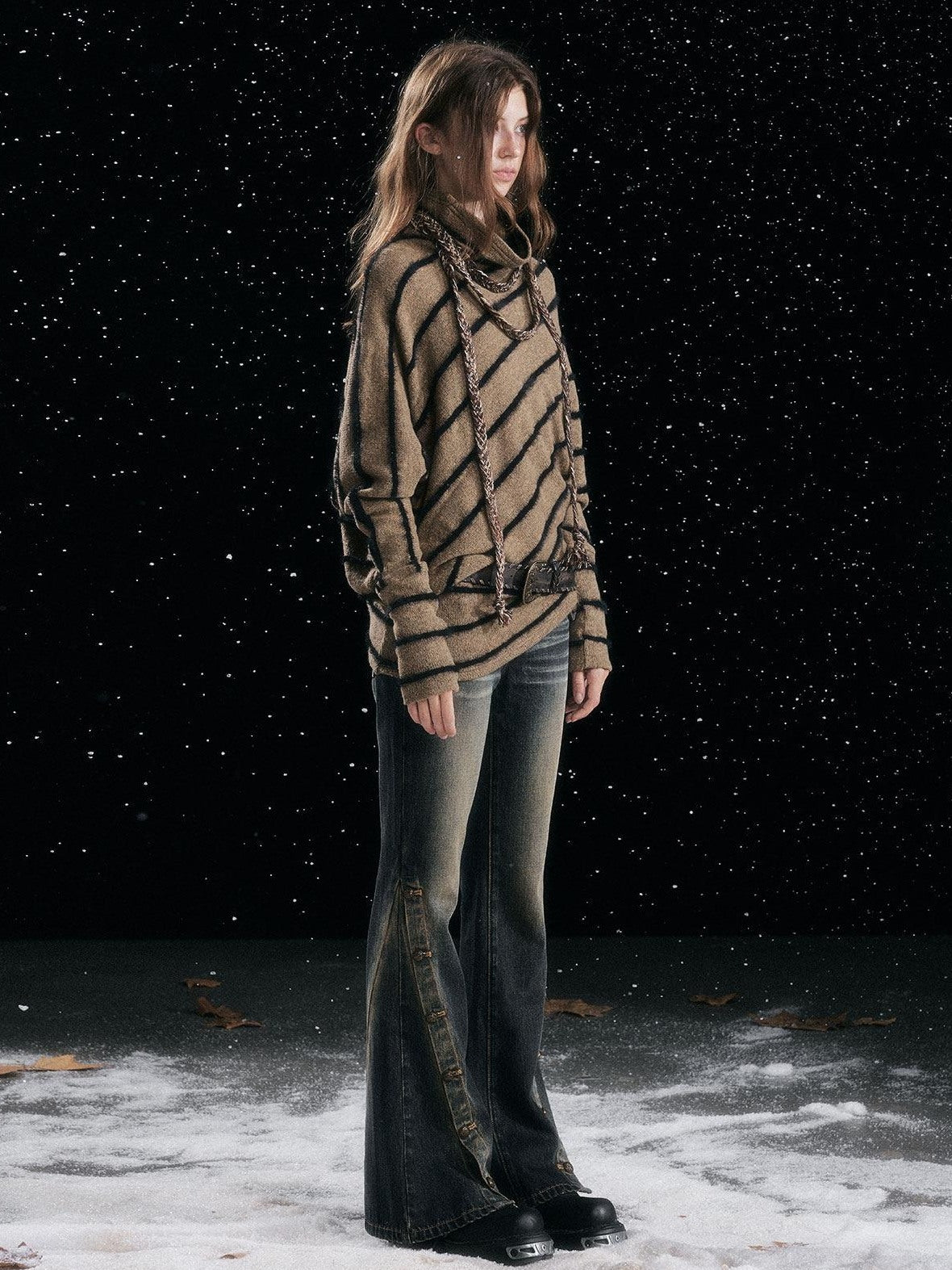 Cest Nous Cozy Thick Street Oversized Batwing Turtleneck Tie Front Women Striped Sweaters