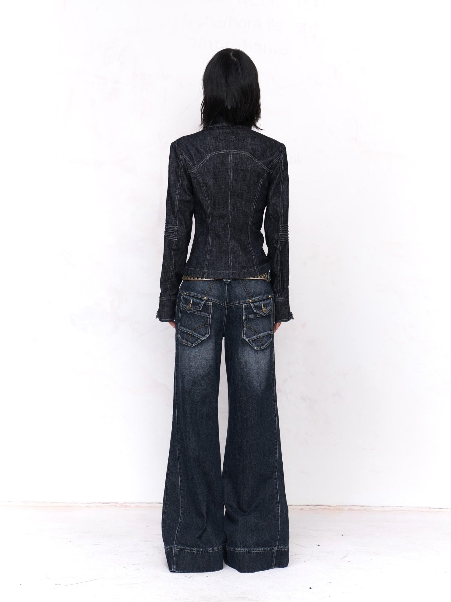 Flowers birds Market Washed Blue Distressed Natural Waist Pockets Button Fly Women Wide-Leg Jeans