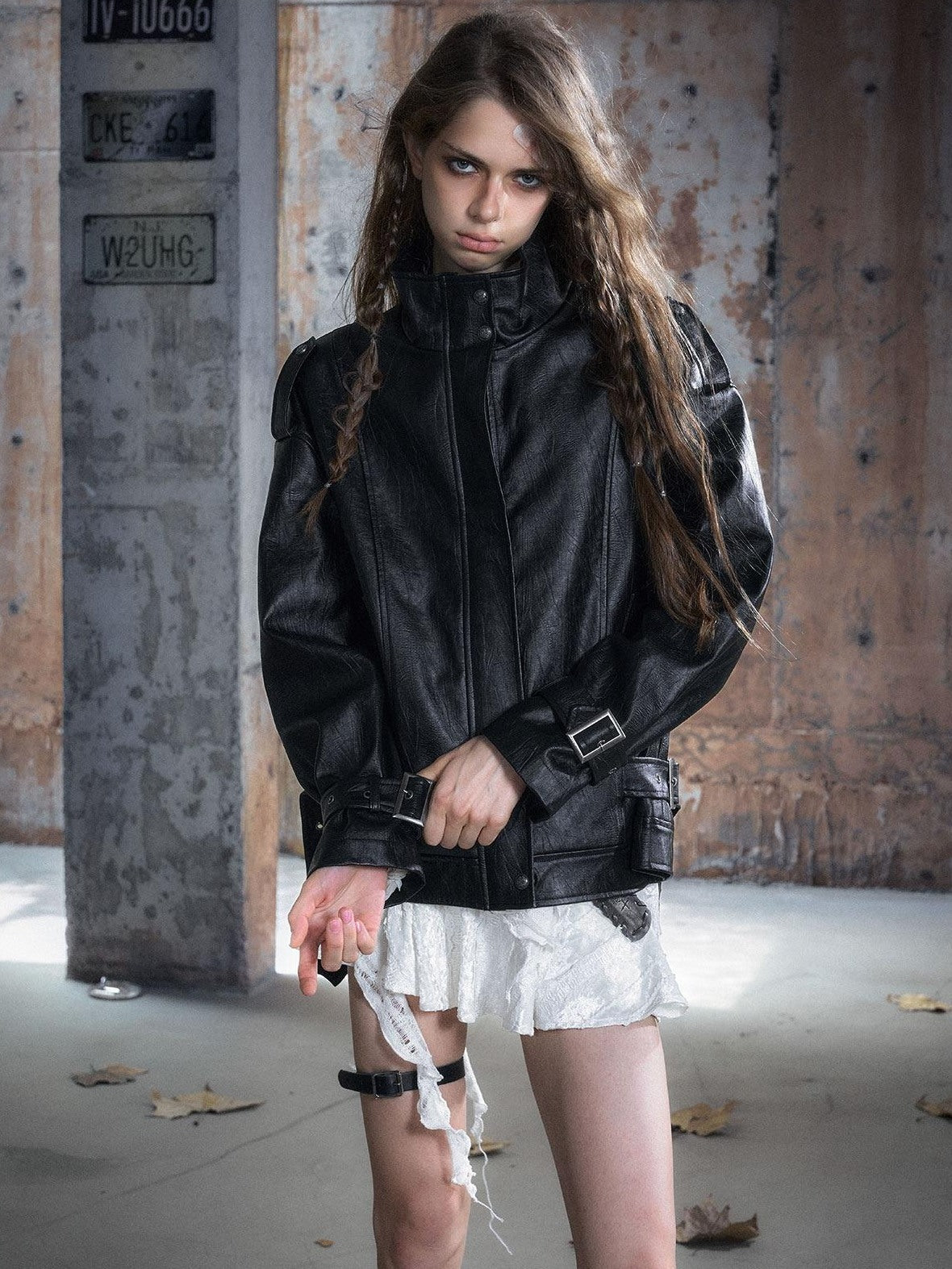 Cest Nous Zipper Pu Leather Loose Commuter Stand Collar Long Sleeve Black Leatherjackets