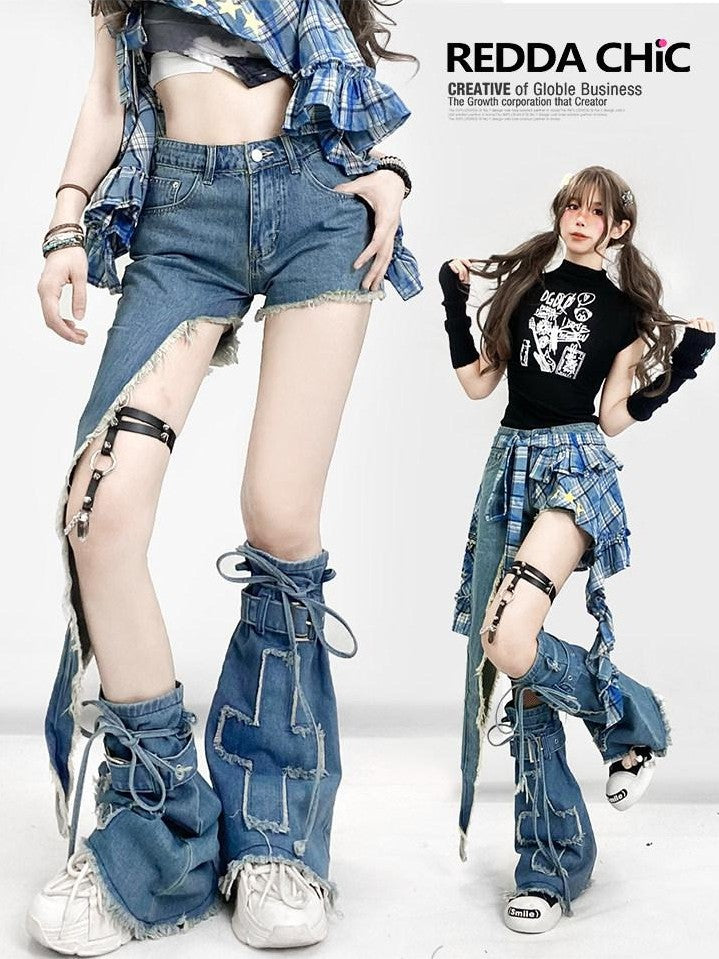 REDDACHIC American Vintage Irregular Zip Fly Low Rise Layered Y2K Women'S Denim Shorts