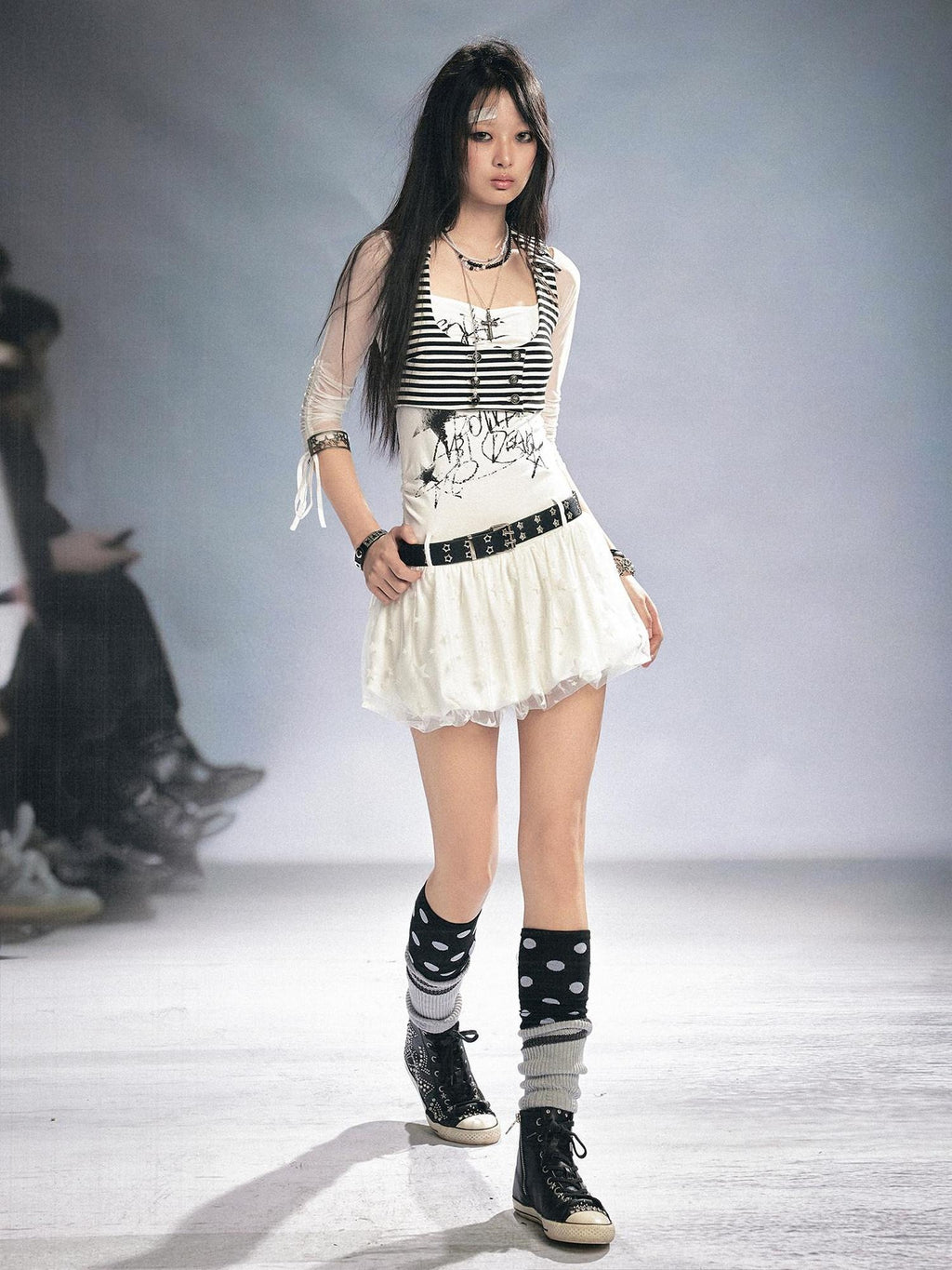 Cest Nous Printed Mesh Stretch Cotton Punk Strappy Puff Skirt Slim Fit Urban Minidresses