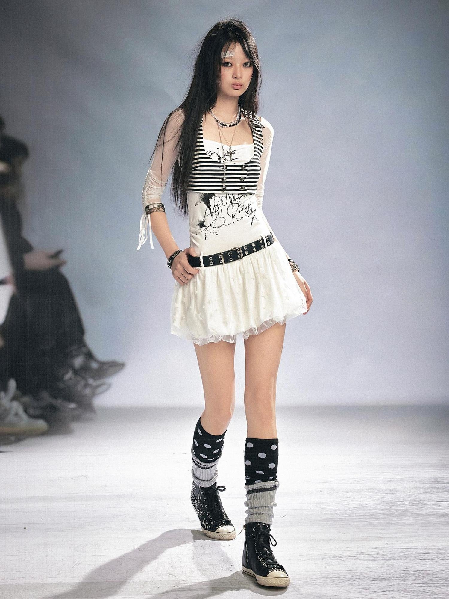 Cest Nous Printed Mesh Stretch Cotton Punk Strappy Puff Skirt Slim Fit Urban Minidresses