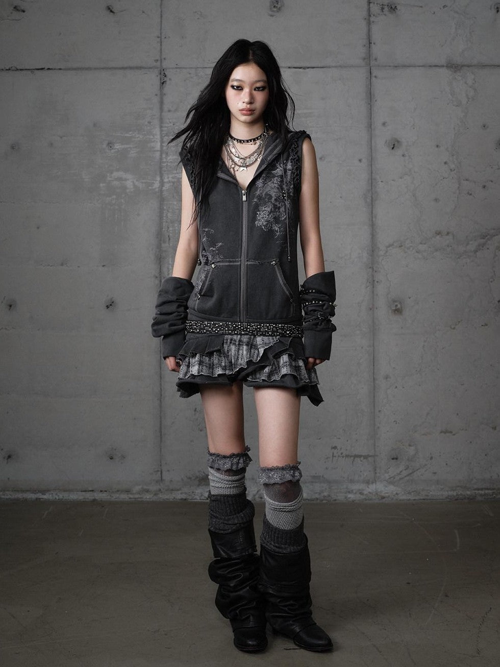 NO ROMANCE Deep Gray Y2K Printed Lace Detachable Hood Sweatshirt Women'S Mini Dresses