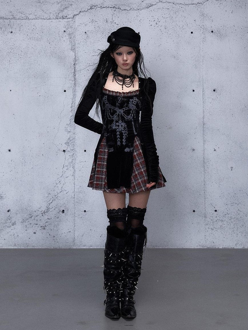 NO ROMANCE Baroque Plaid Polka Dot Square Neck Puff Sleeve Women'S Velvet Mini Dresses