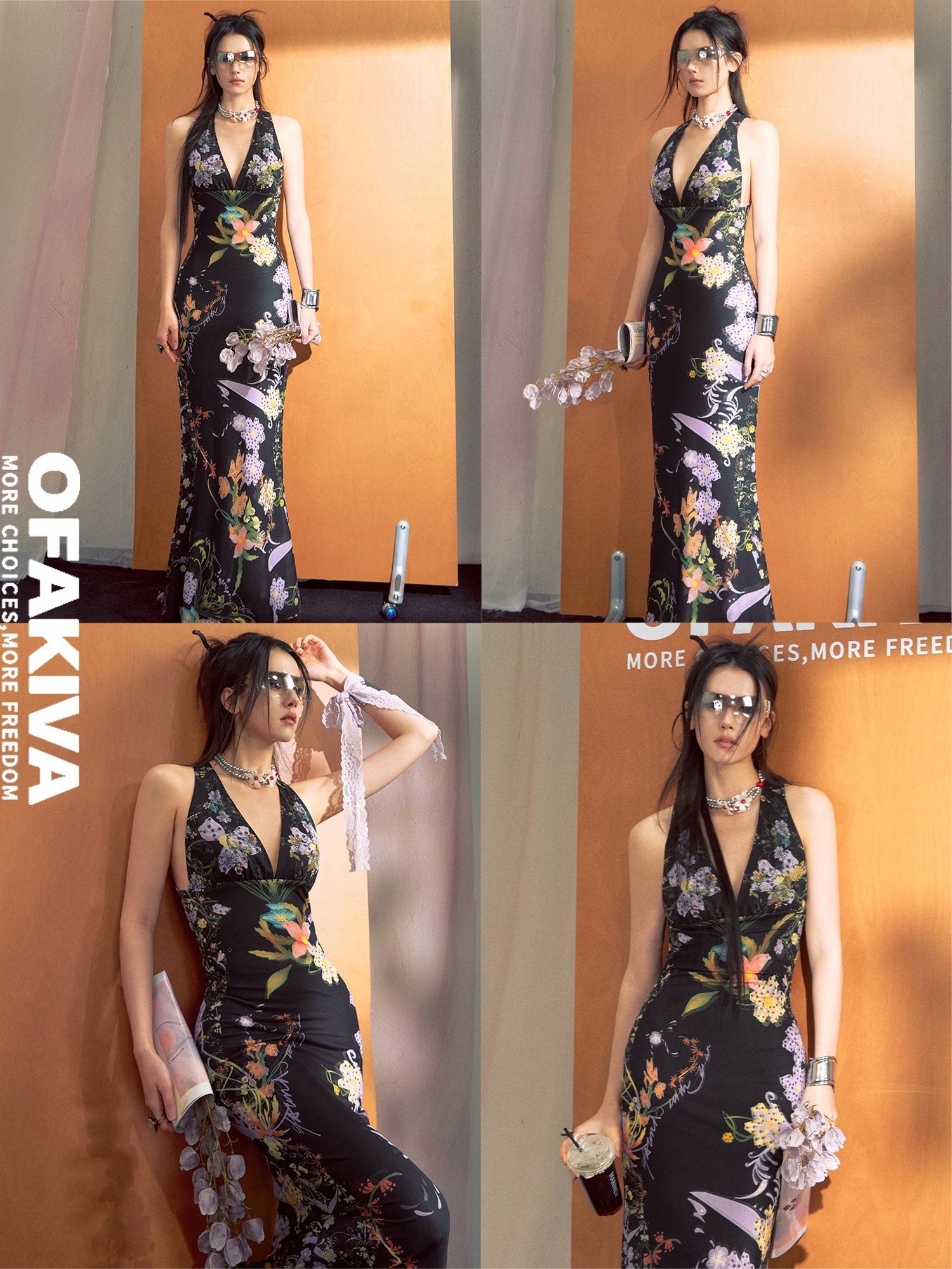 OfAkiva French Colorblock High Waist V-neck Sleeveless Fishtail Women Maxi Dresses