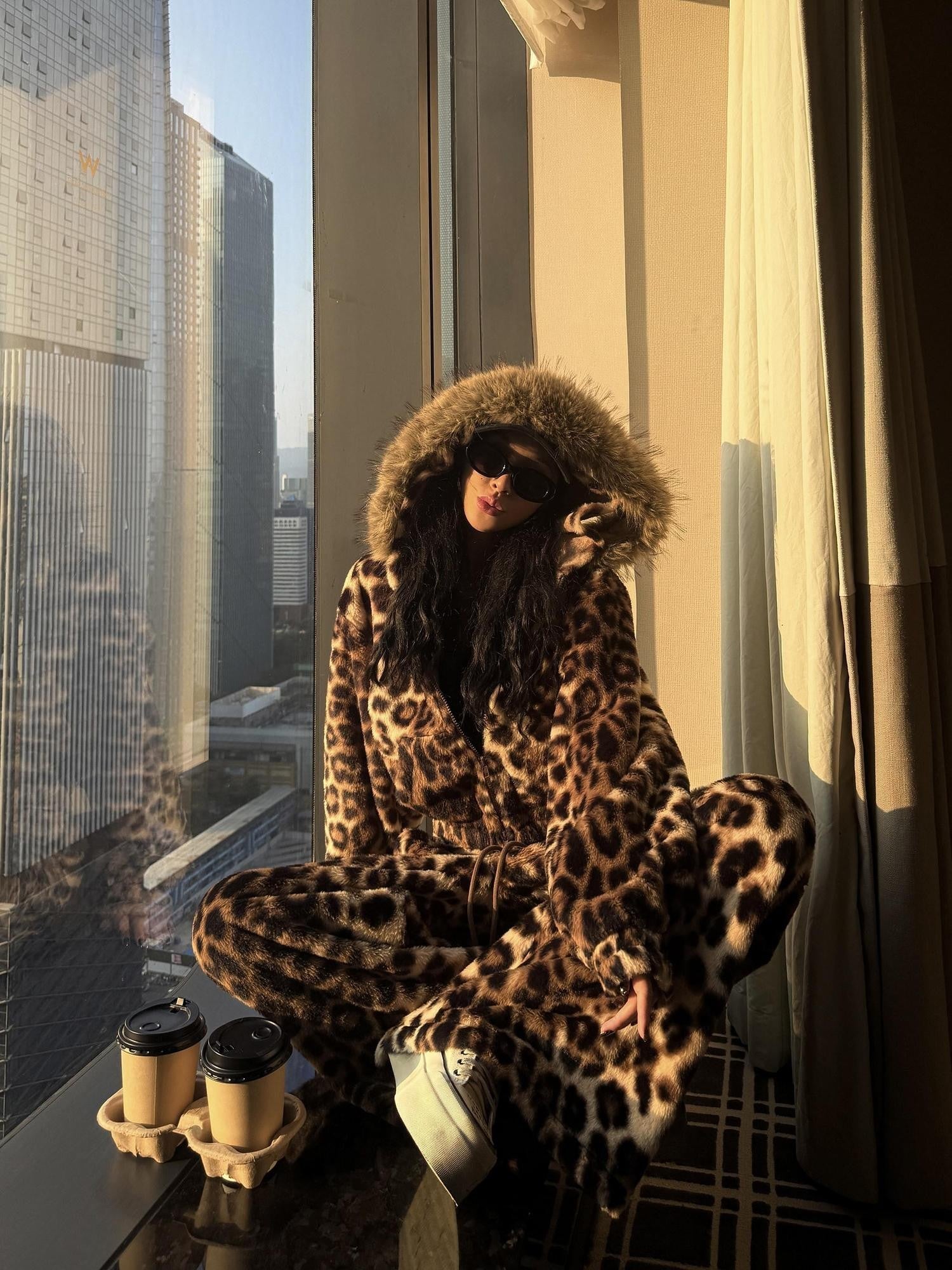 ZERO Fleece Lined Warm Loose Hooded Zipper Women Leopard Print Top & Pants Sets
