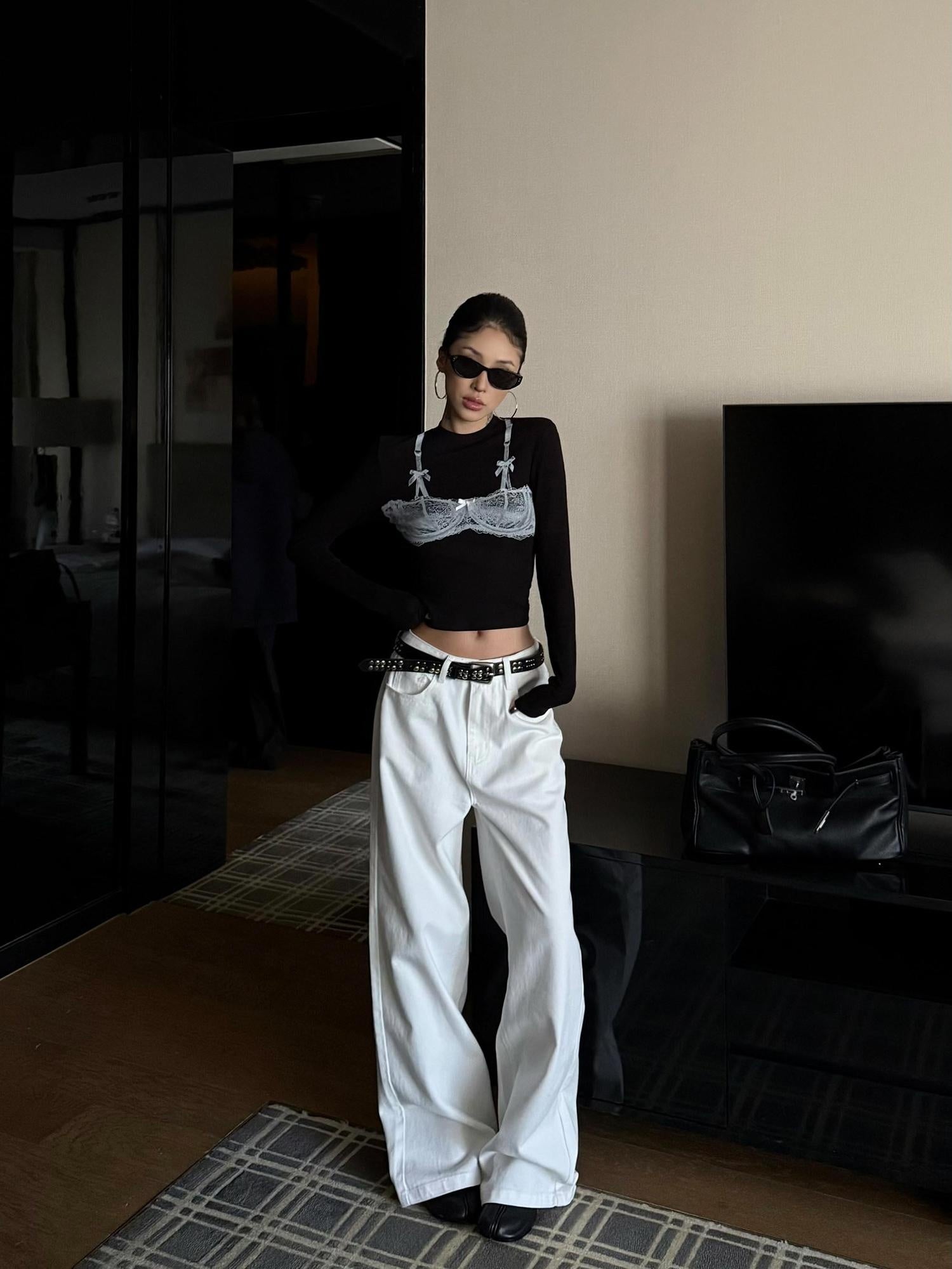 ZERO Lyocell Knit Slim Fit Mock Layered Crew Women Black Long Sleeve Crop Tops