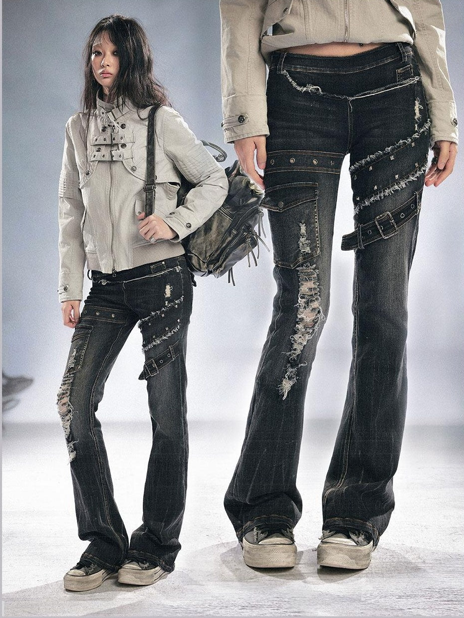 Cest Nous Studded Straight Leg Low Rise Slight Stretch Zip Fly Women Washed Black Jeans