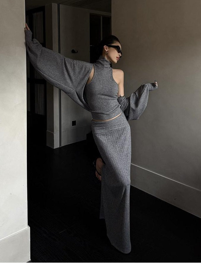 ZERO High Stretch Cropped High Neck Two Piece Sexy Casual Women Viscose Cardigans
