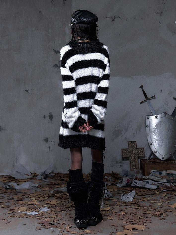 NO ROMANCE Vintage Punk Distressed Striped Women'S Faux Mink Low Neck Loose Long Sweaters