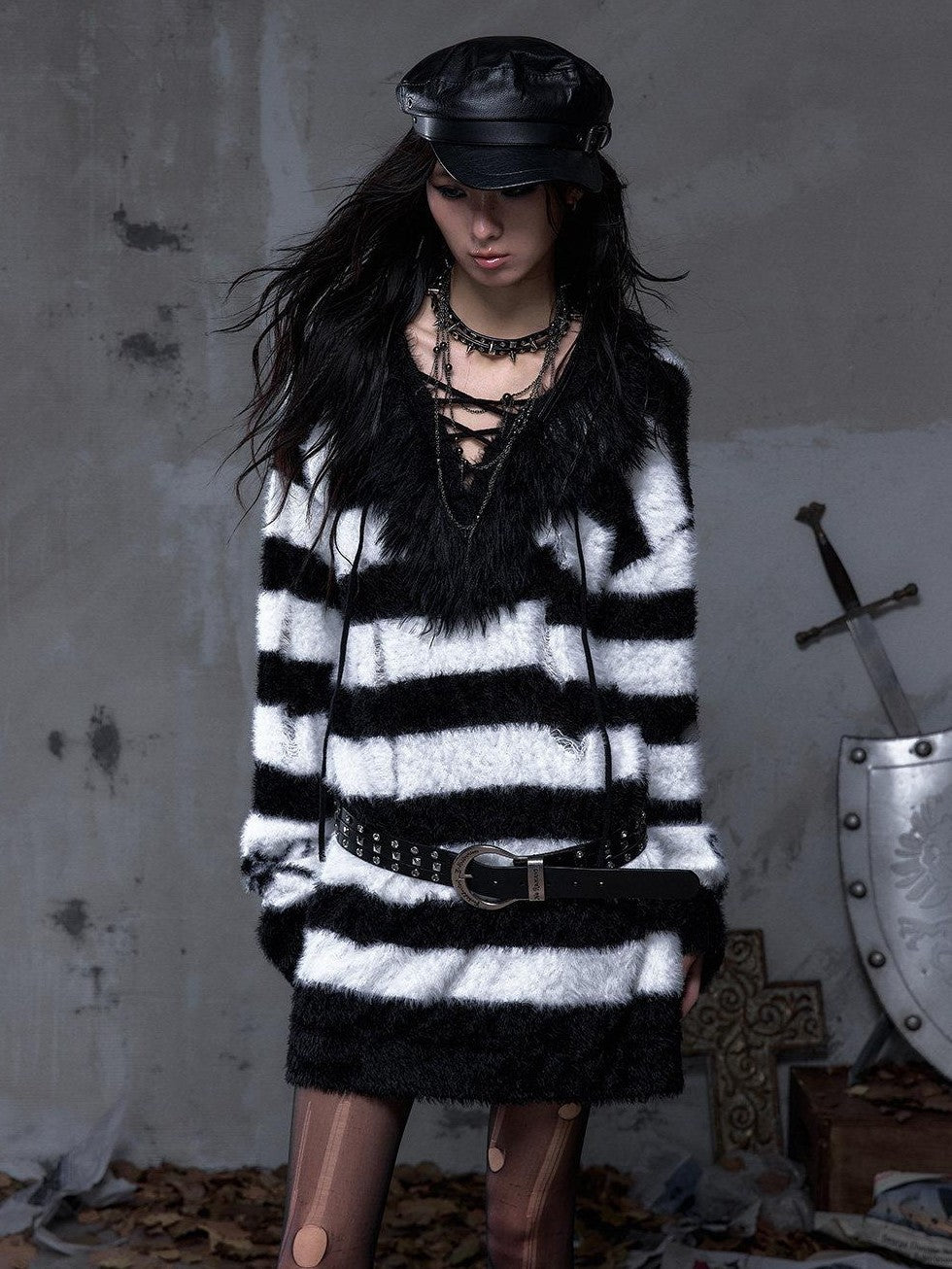 NO ROMANCE Vintage Punk Distressed Striped Women'S Faux Mink Low Neck Loose Long Sweaters