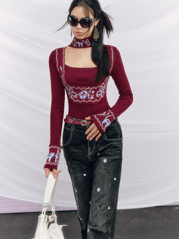 OfAkiva Sexy Square Neck Slim Contrast Bow Longsleeve Women Wine Red Knitwear