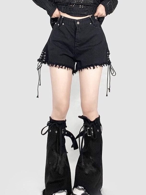 REDDACHIC Black Star Washed Lace Up Stacked Mid Calf Women'S Denim Leg Warmers
