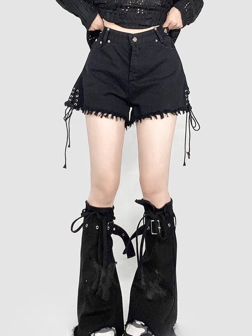 REDDACHIC Black Star Washed Lace Up Stacked Mid Calf Women'S Denim Leg Warmers