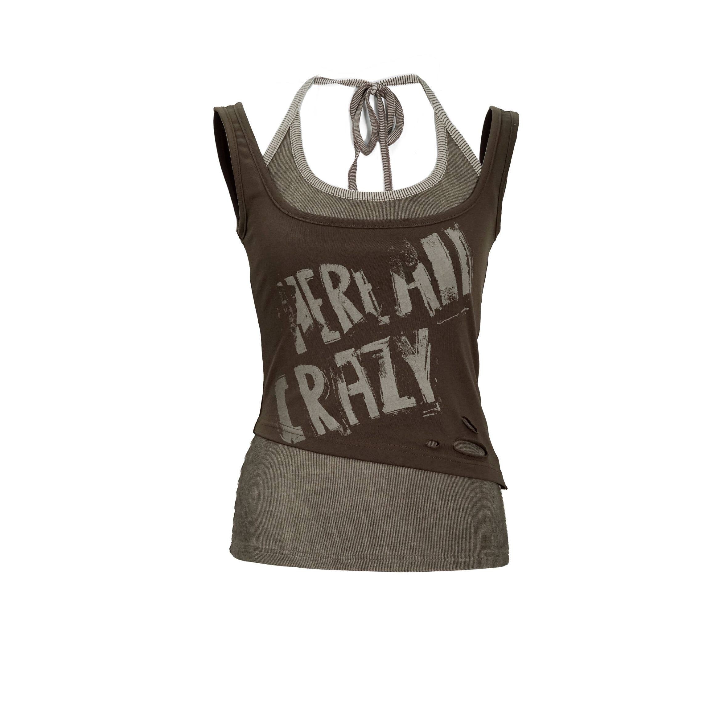 Cest_Nous_Distressed_Print_Punk_Slim_Halter_Female_Cotton_Blend_Brown_Gray_Tanktops_MISSTT