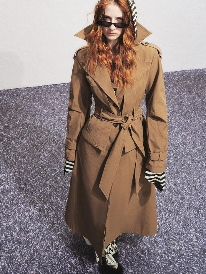 OfAkiva Faux Two Piece Long Stand Collar Straight Office Women Trench Coats