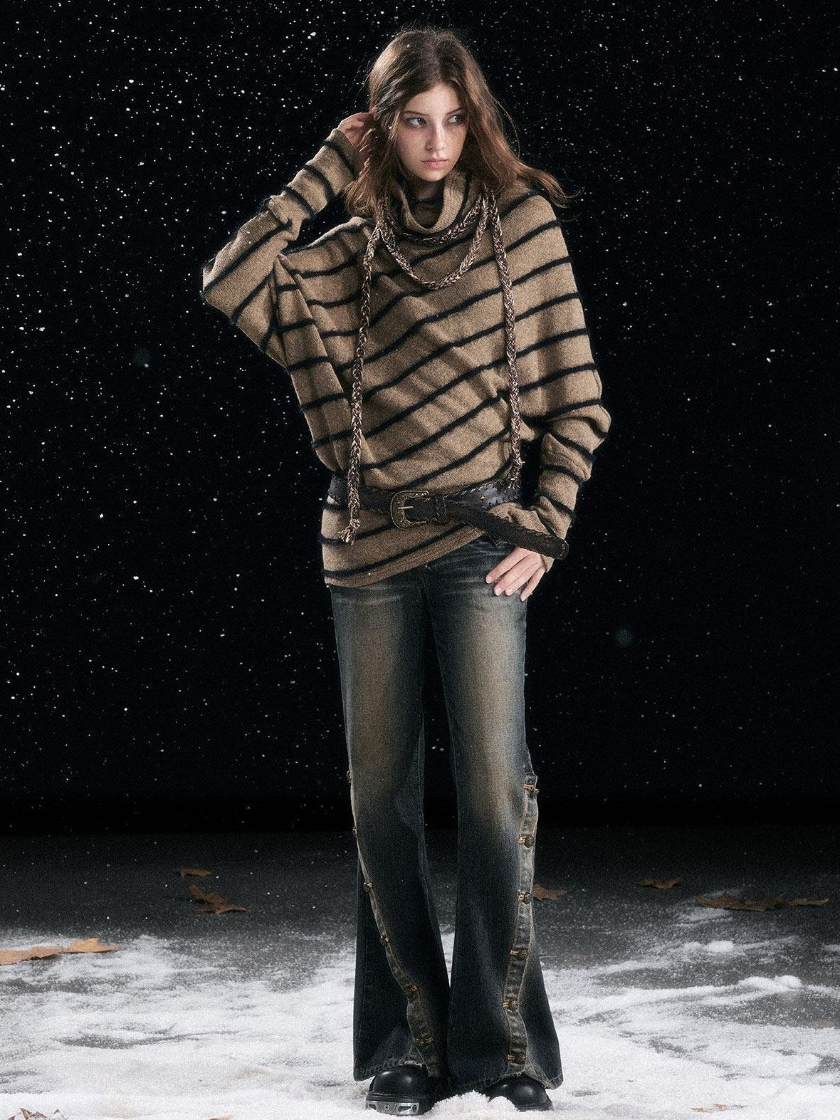 Cest Nous Cozy Thick Street Oversized Batwing Turtleneck Tie Front Women Striped Sweaters
