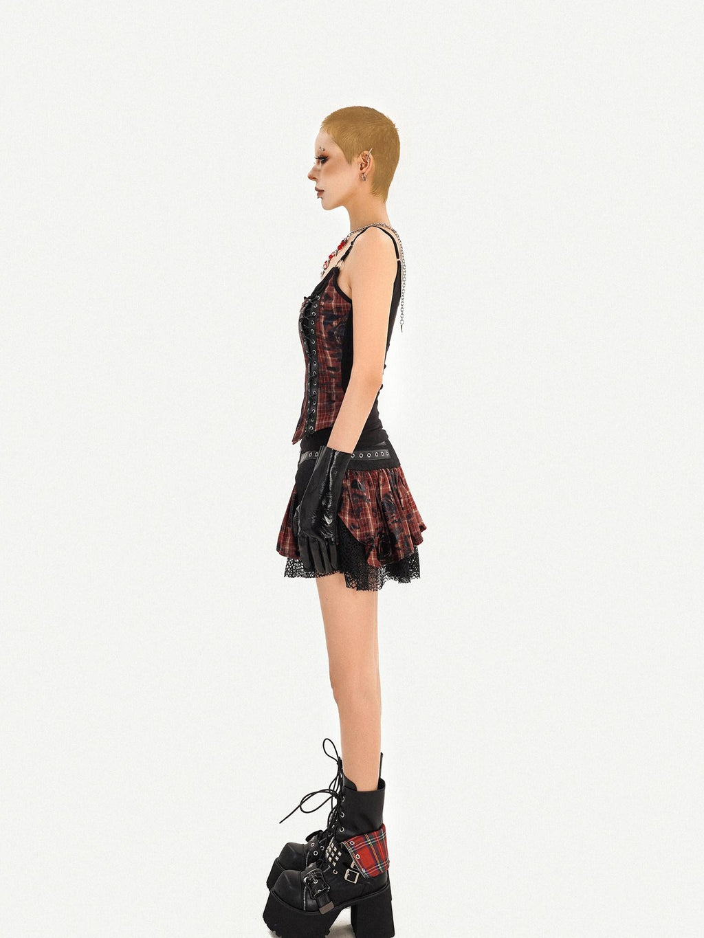 Nico Molly Zipper Cropped Plaid Slim Camisole High Waist Skirt Women Top & Skirt Sets