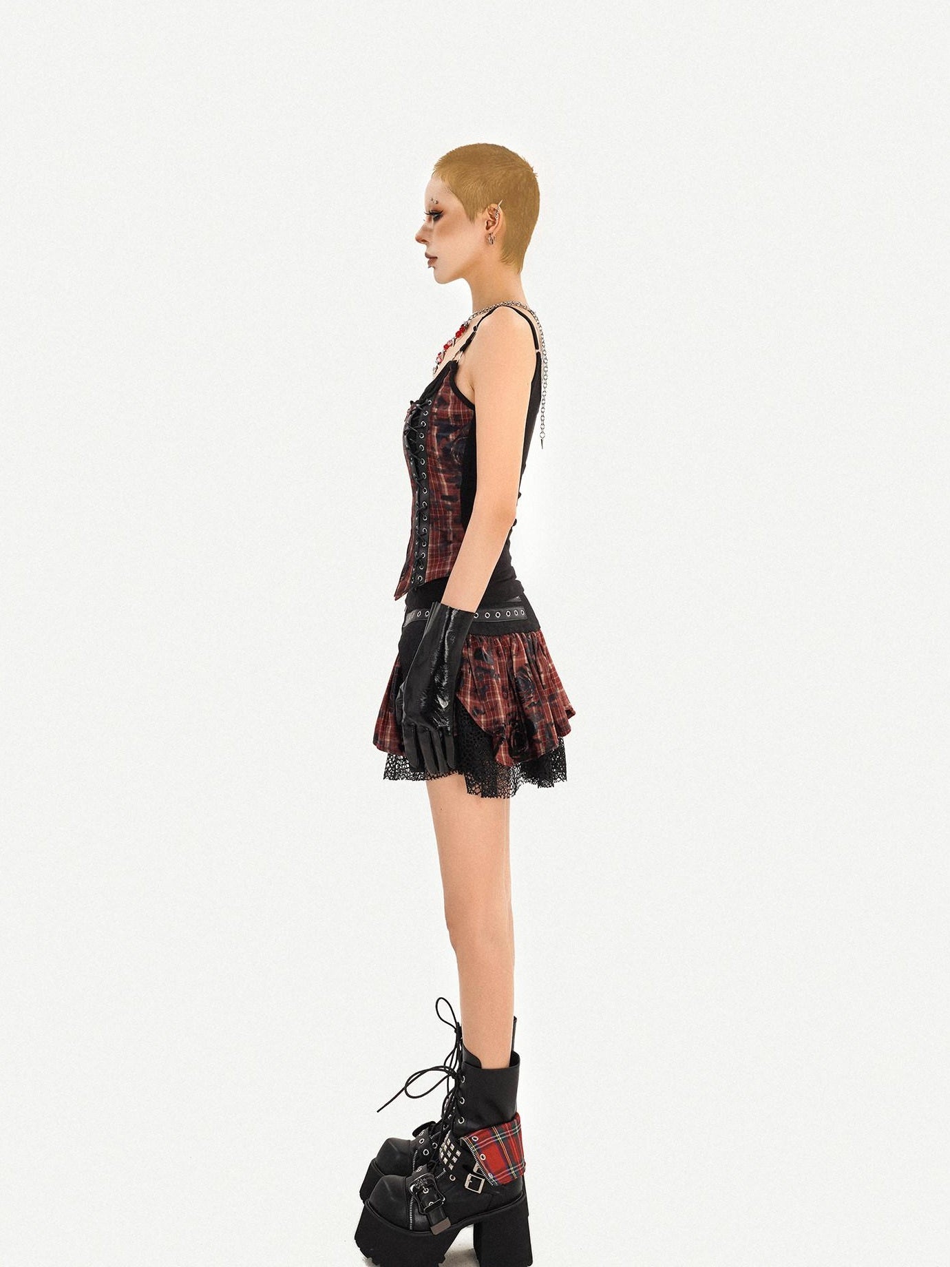 Nico Molly Zipper Cropped Plaid Slim Camisole High Waist Skirt Women Top & Skirt Sets
