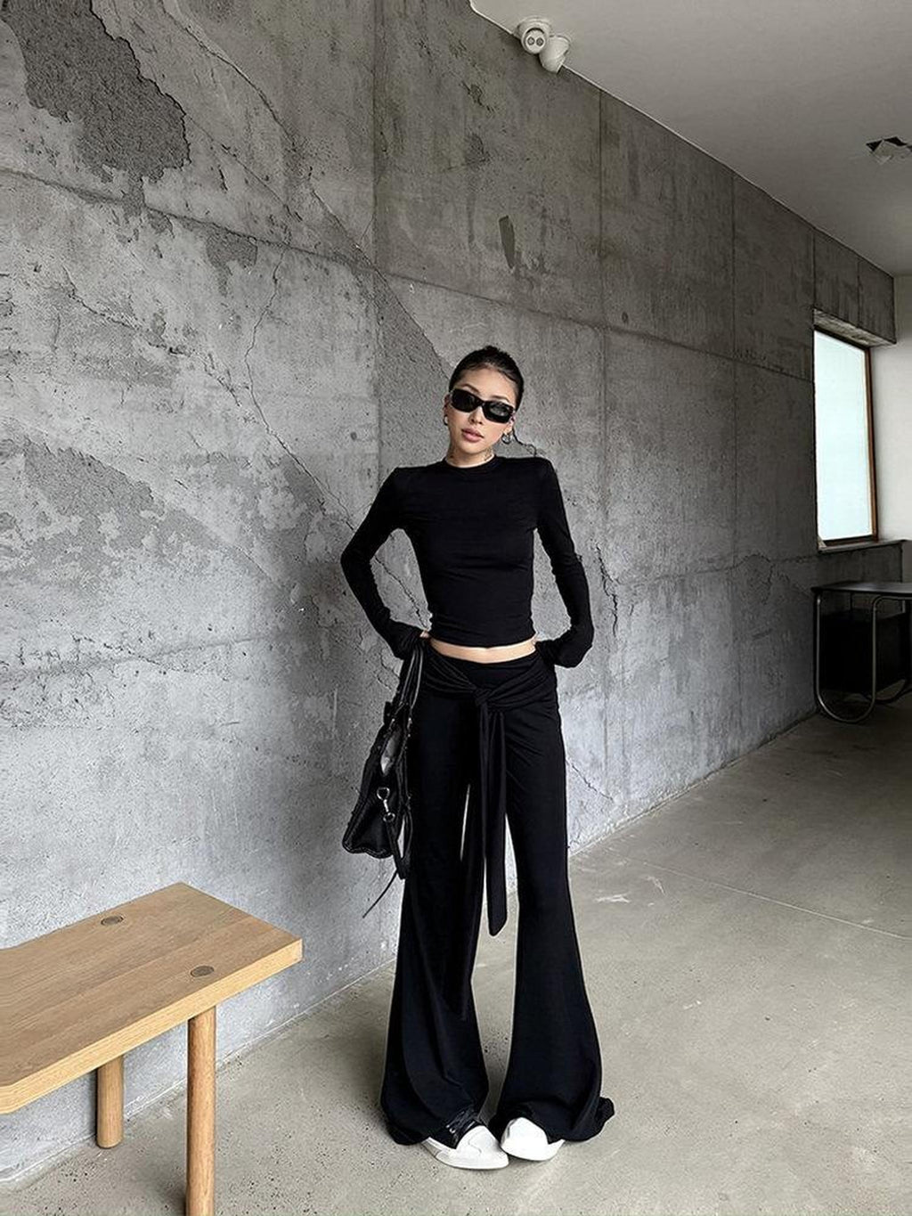 ZERO High Stretch Tie Crop Tee Slim Fit Long Sleeve Solid Top & Pants Sets