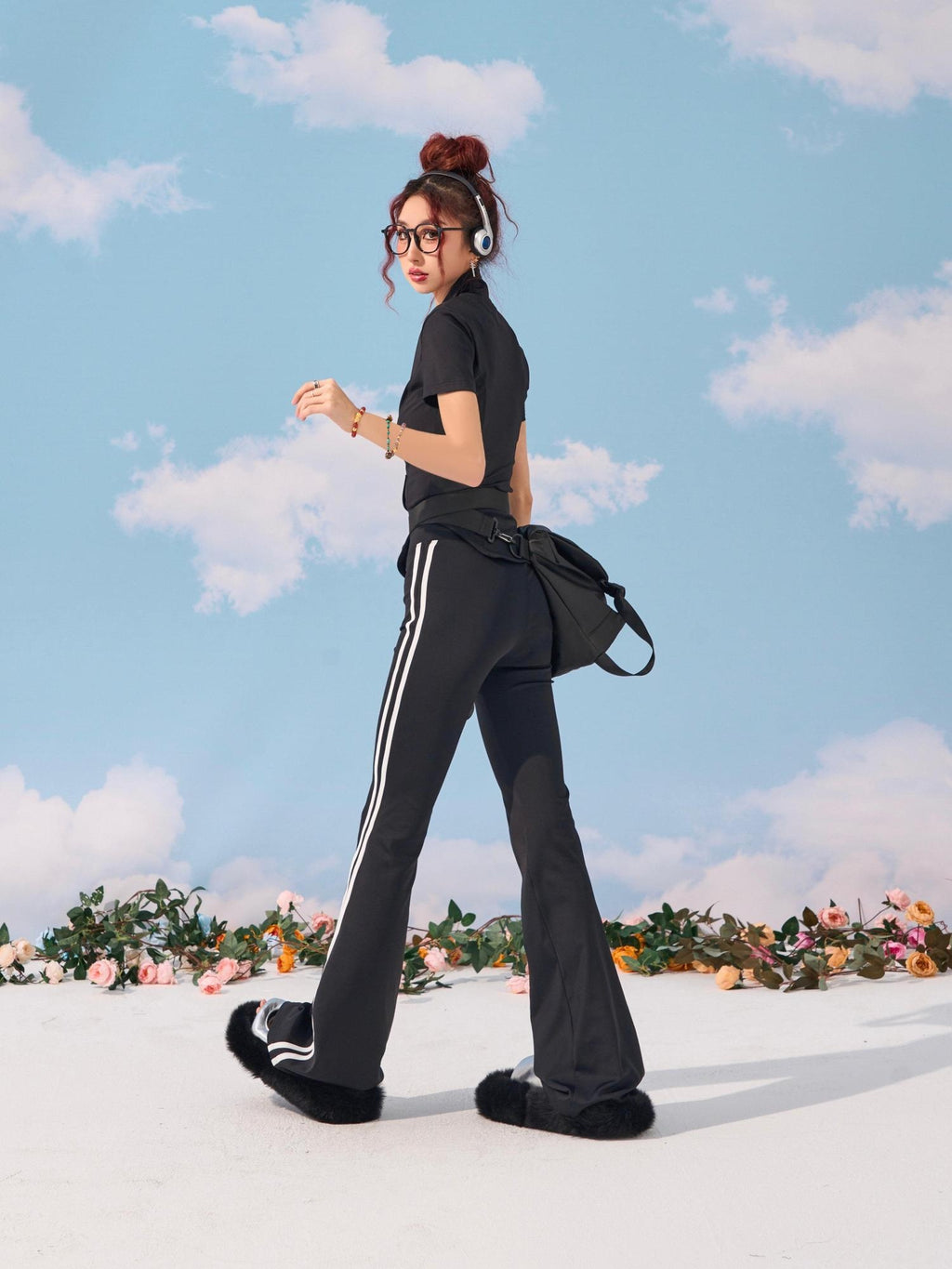ZERO Stretch Knit Street Sporty Wide Leg Women Black Striped Nylon Flared Pants