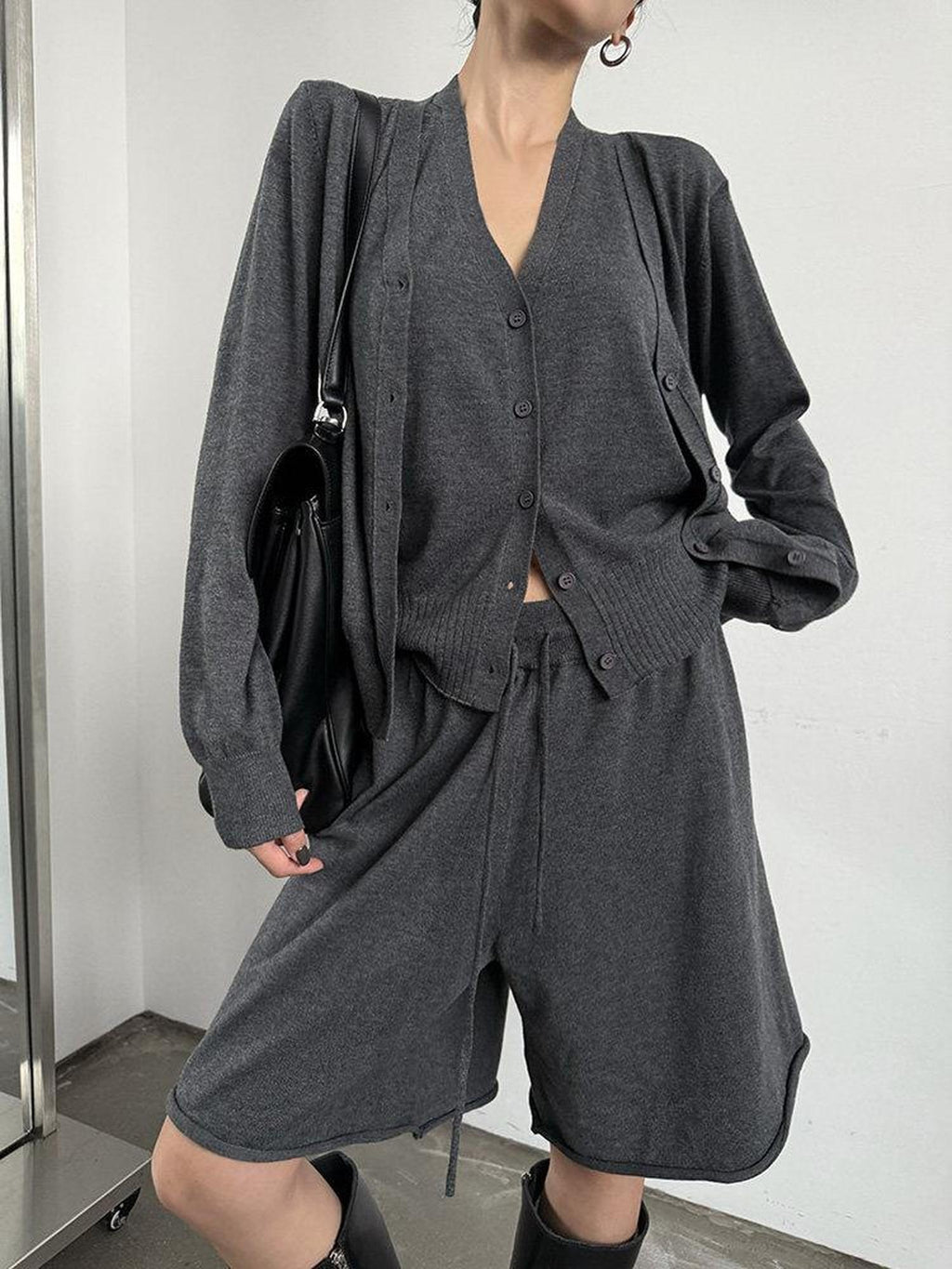 ZERO High Stretch Knitted V-neck Cardigan Loose Fit 3 Piece Women Top & Shorts Sets