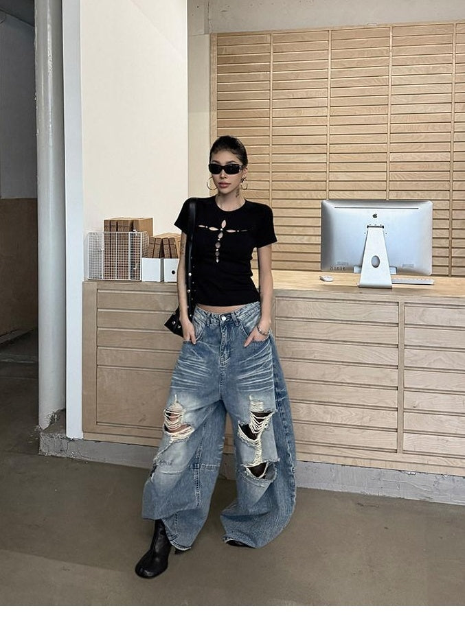 ZERO Rhinestone Slim Casual Short Sleeve Roundneck Black Grey Crop Tee Basic Crop Tops