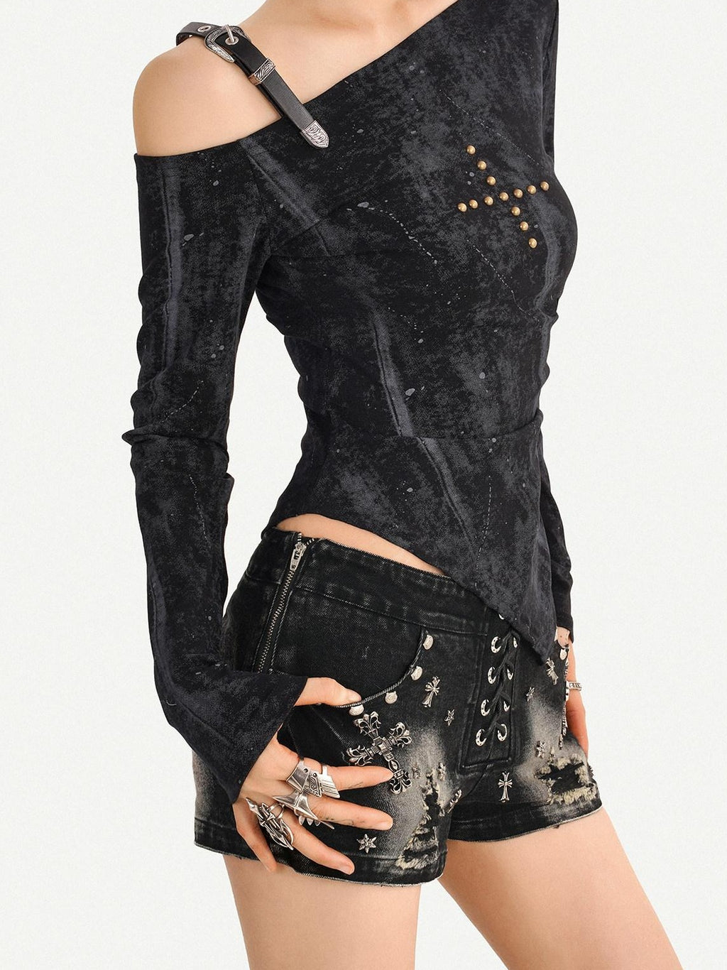 Nico Molly Vintage Wash Slim Fit One Shoulder Street Asymmetric Long Sleeve T-Shirts