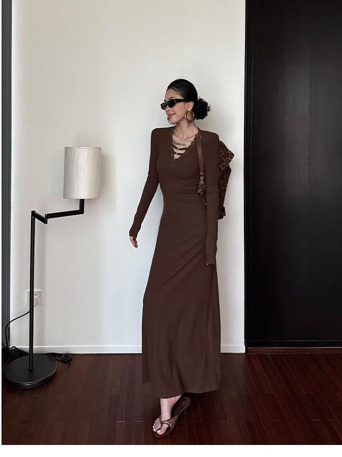 ZERO Slim V-neck Long Sleeve Patchwork Knit Mermaid Street Casual Women Maxi Dresses