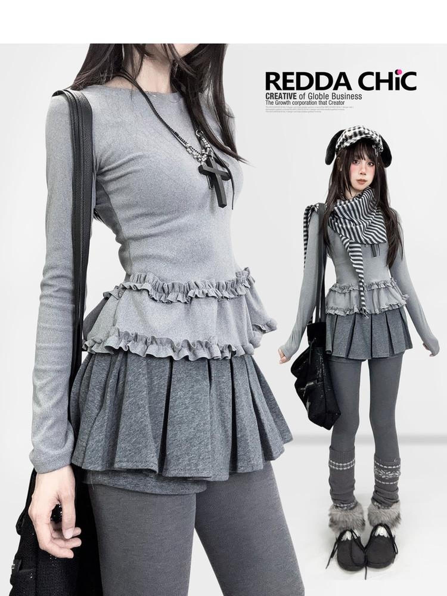 REDDACHIC Heather Gray Layered Lettuce Edge Slim Fit Women'S Derong Long Sleeve T-Shirts