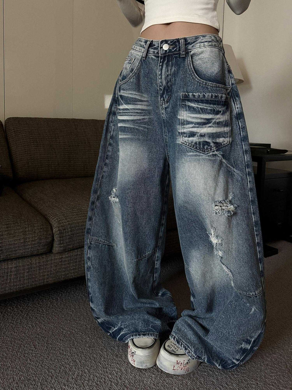 ZERO Washed Blue Cotton Distressed Low Rise Casual Loose Women Denim Wide Leg Jeans