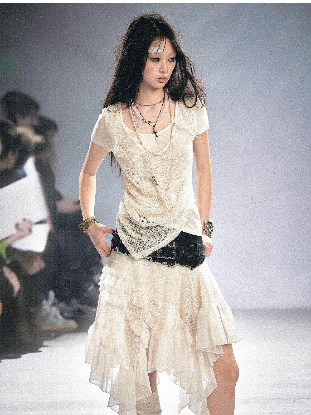 Cest Nous Asymmetric Lace Mid Waist Slim Fit Irregular Hem Women Midiskirts