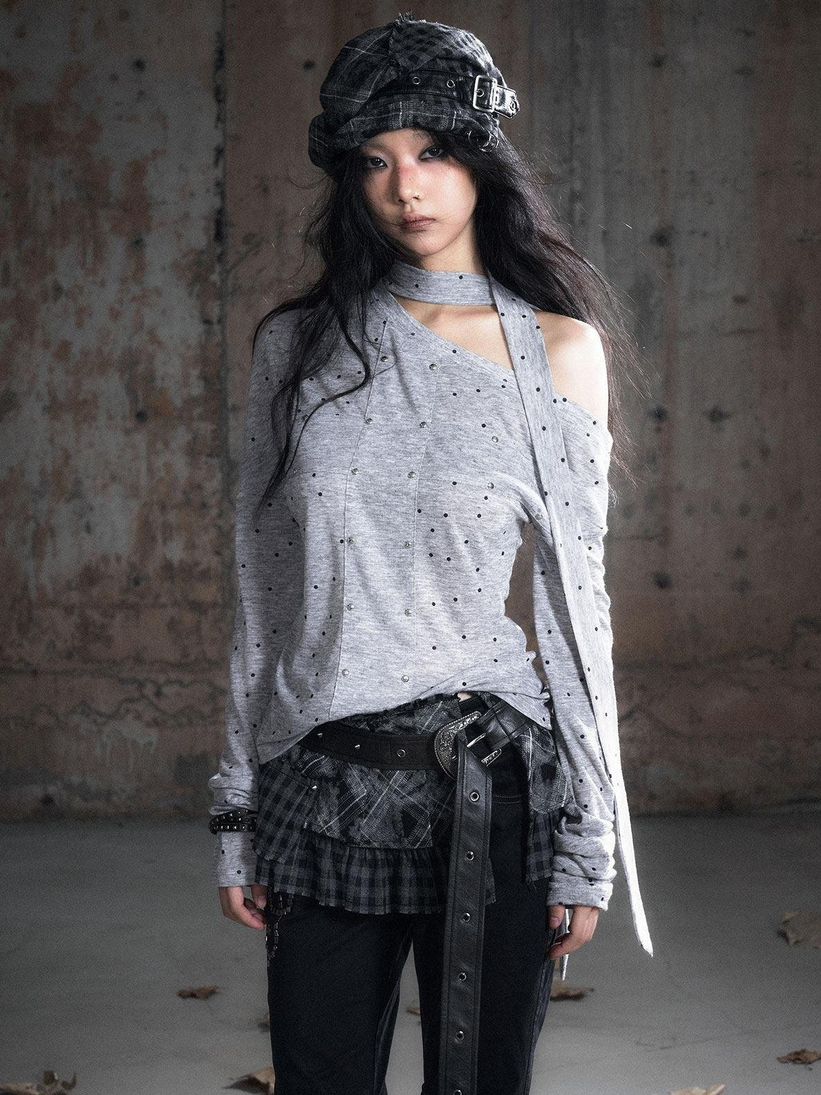Cest Nous Punk Polka Dot Long Sleeve Asymmetric Women Poly Blend Offshouldercroptops