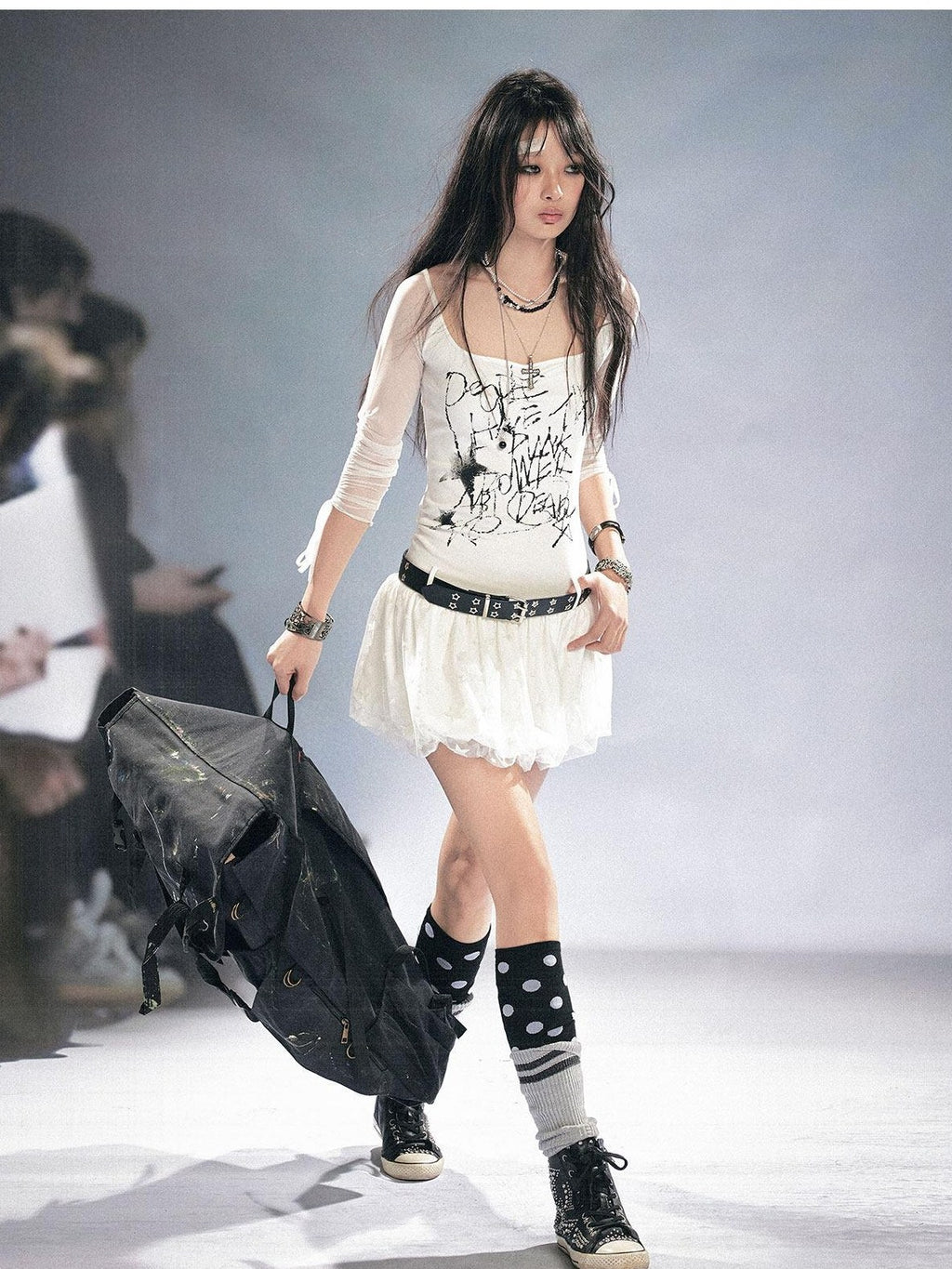 Cest Nous Printed Mesh Stretch Cotton Punk Strappy Puff Skirt Slim Fit Urban Minidresses