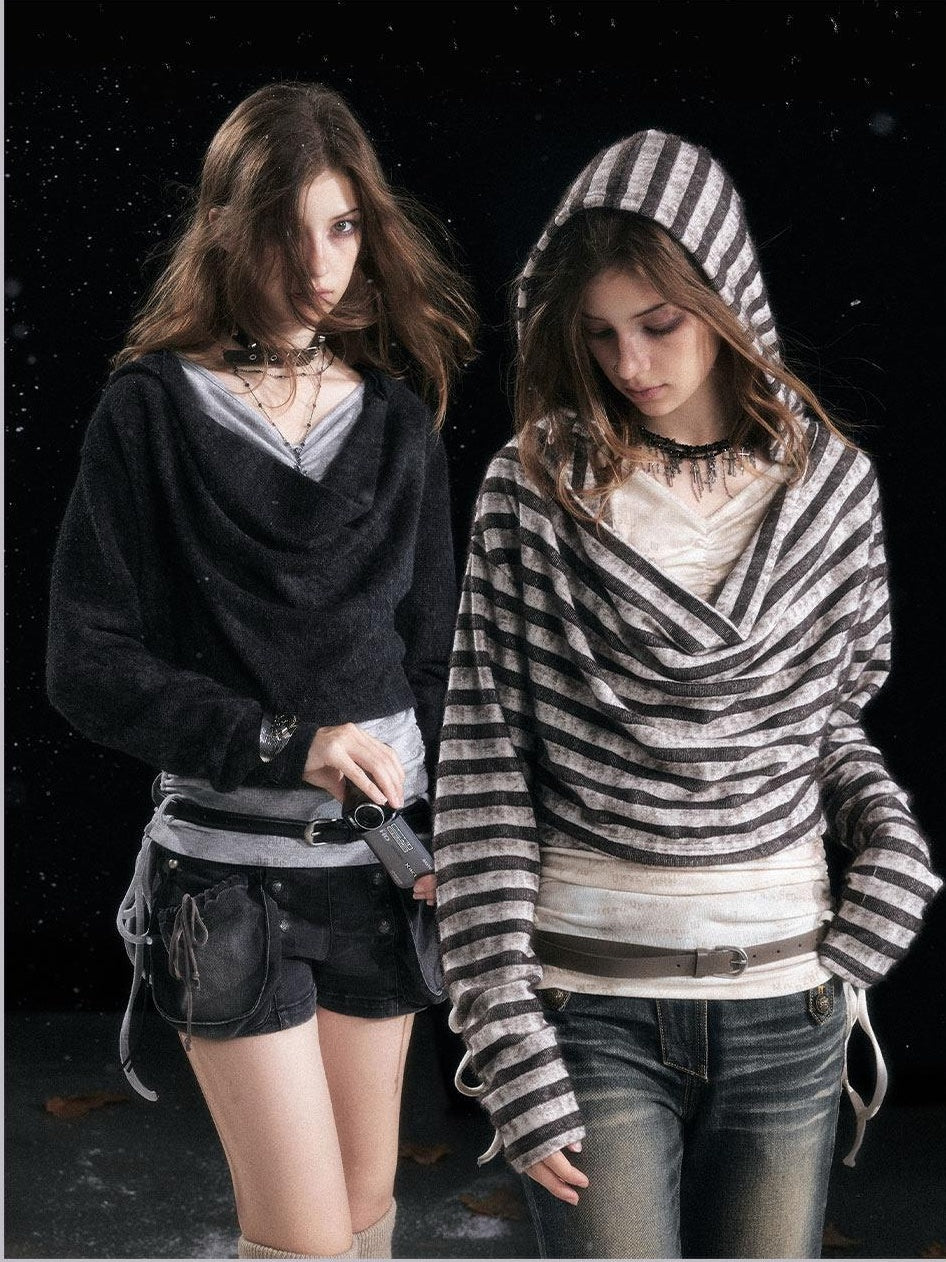 Cest Nous Distressed Relaxed Fit Hooded Striped Pullover Casual Women Viscose Knitwear