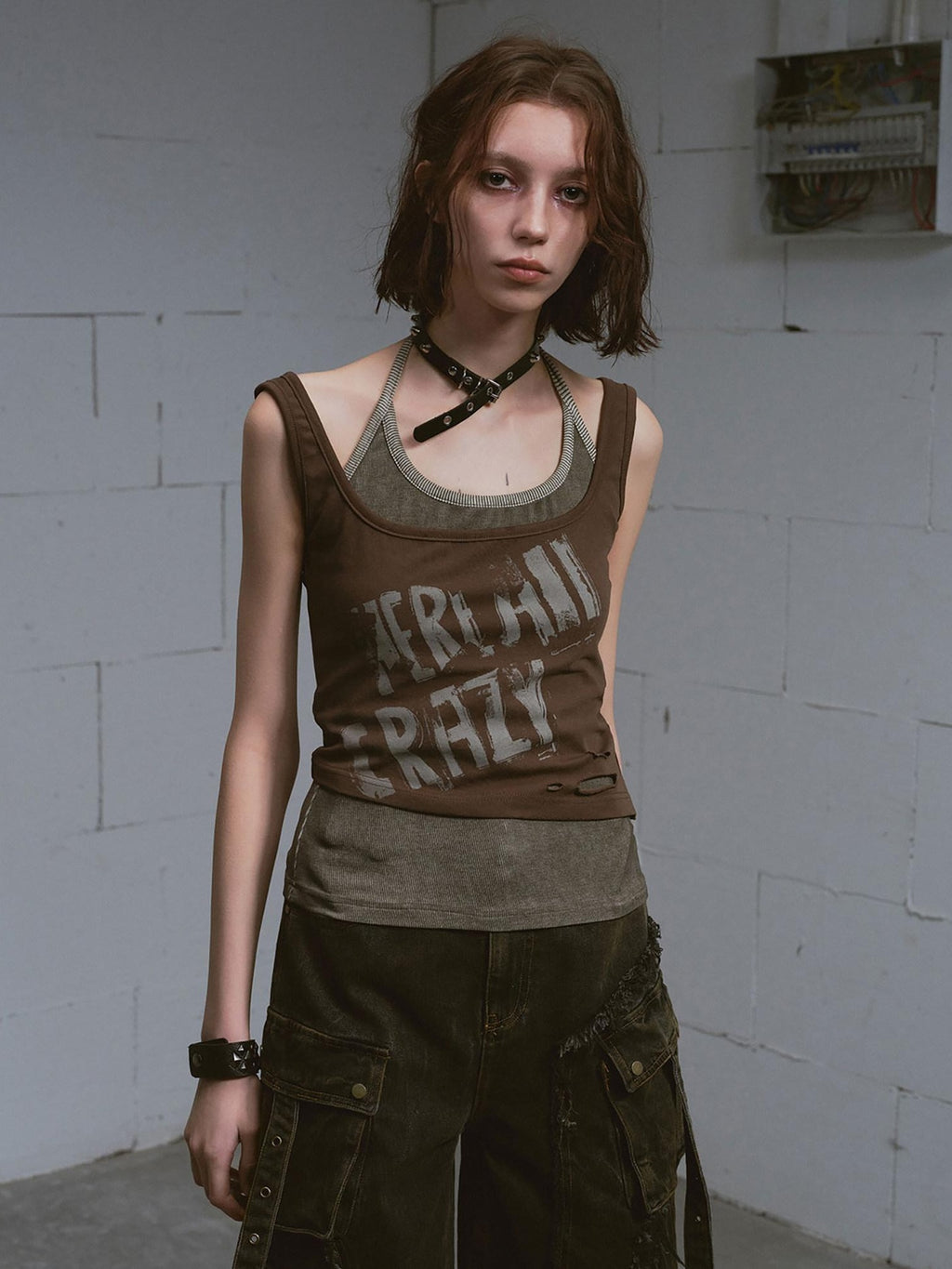 Cest Nous Distressed Print Punk Slim Halter Female Cotton Blend Brown Gray Tanktops