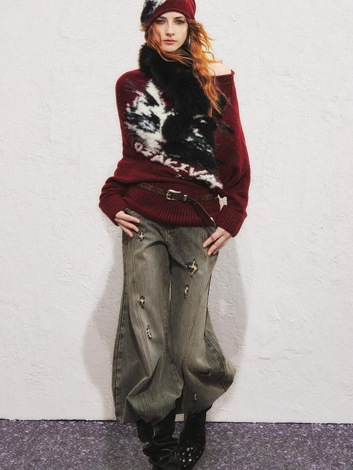 OfAkiva Faux Cashmere Thermal Animal Print Loose Fit Women Round Neck Sweaters