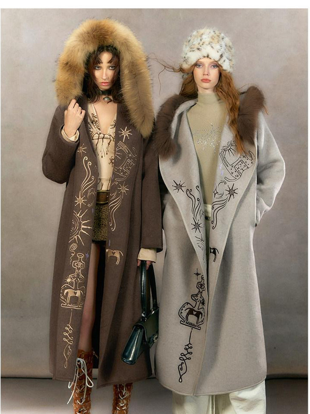 OfAkiva Thick Embroidered Hooded Relaxed Mystic Wool Midlength Brown Long Coats
