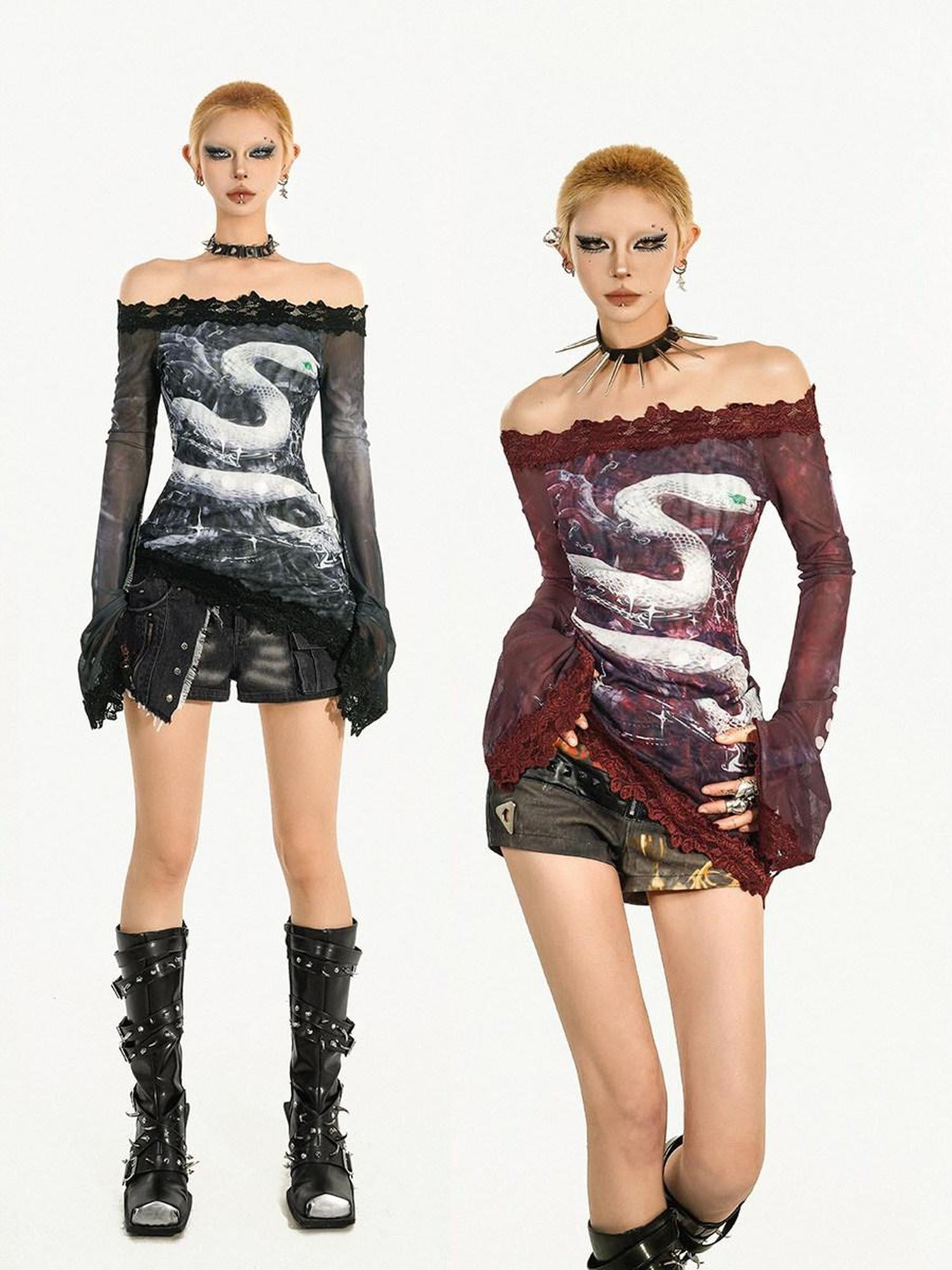Nico Molly Quickdry Mesh Slim Fit Patchwork Bardot Bell Sleeve Women Long Sleeve T-Shirts